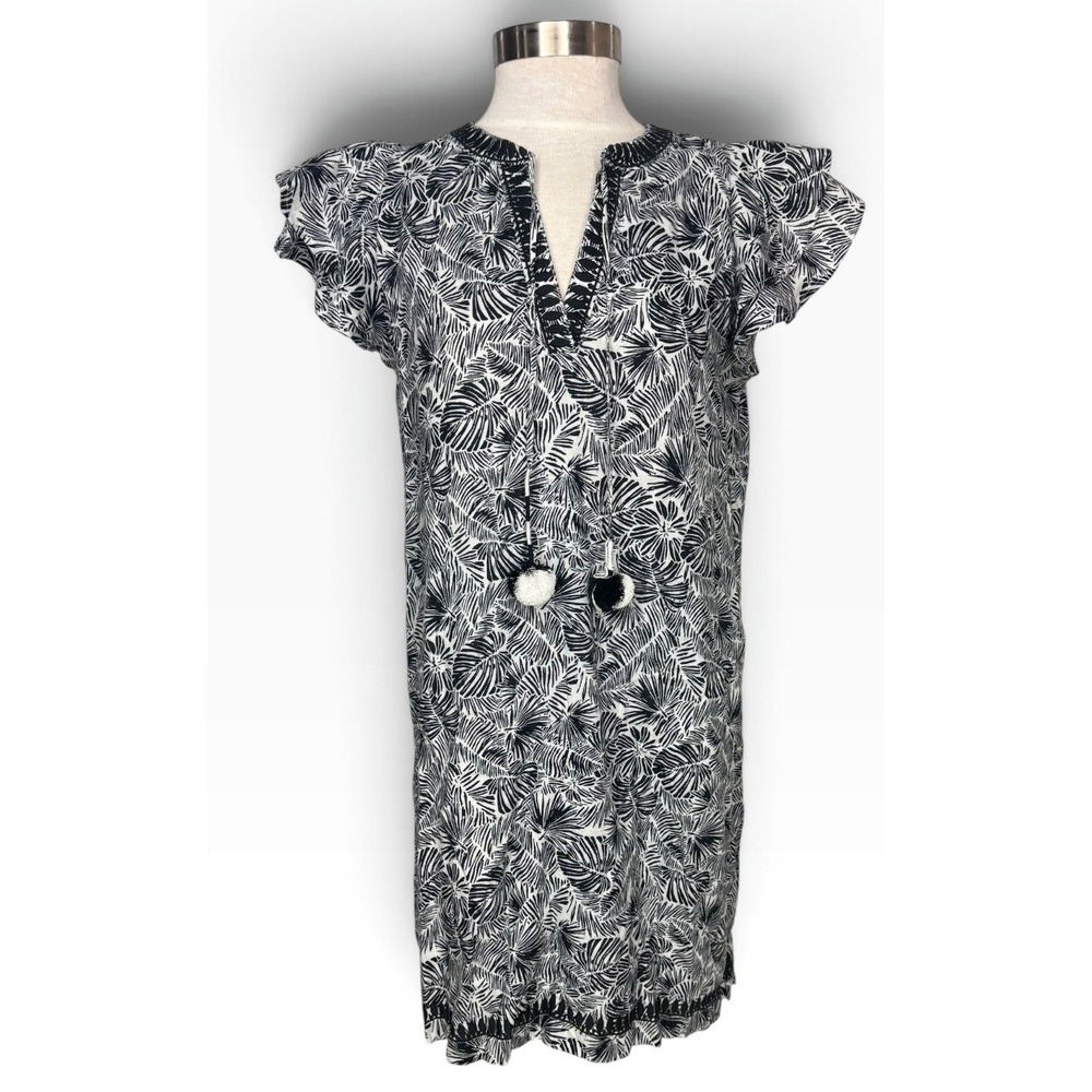 Vineyard Vines Linen Tropical Shift Dress Black White Flutter Sleeve Tassel Tie